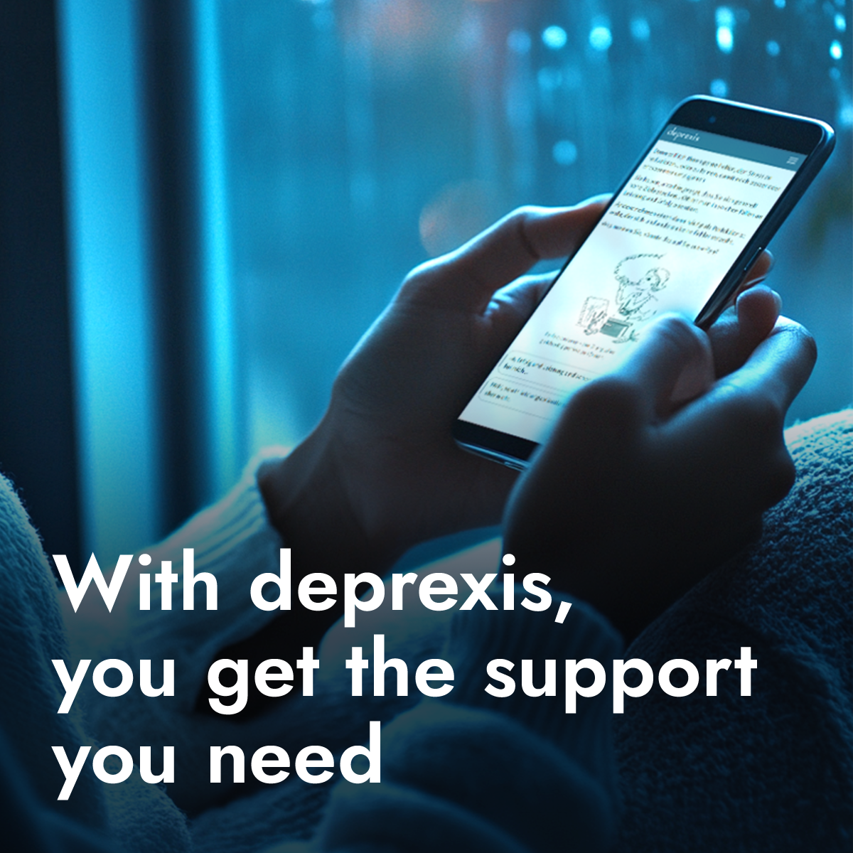 A smartphone in a hand with the deprexis app open.